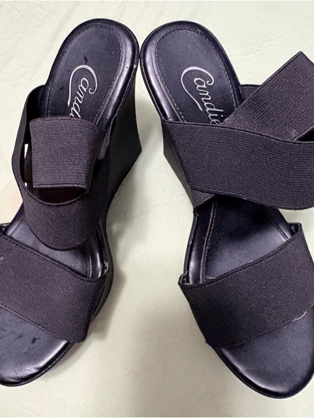 Candie's Black Elastic Cross-Strap Wedge Sandals